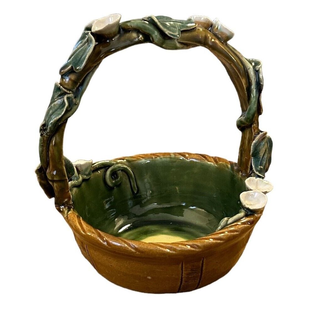 Vintage Handmade Ceramic Basket with Flowers